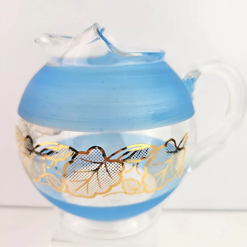 Vintage Mid Century Pastel Gold Leaf Frosted Blue Clear Glass Juice Pitcher 6 in